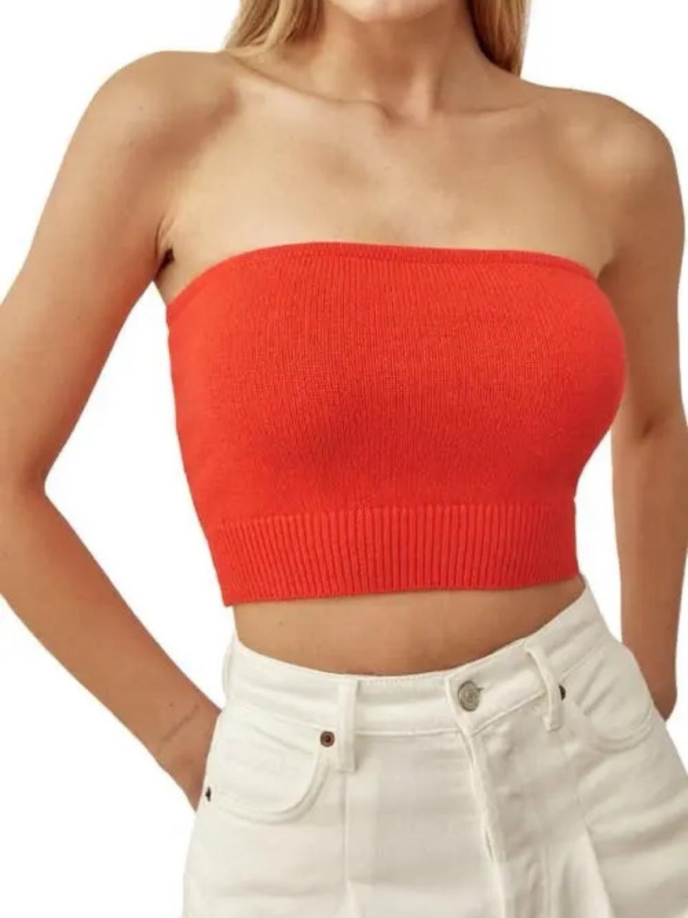 Reformation Organic Cotton Strapless Ribbed Crop Top - Bright Orange